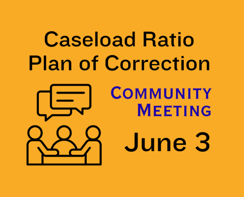 Text graphic reading: Caseload Ratio Plan of Correction Community Meeting, June 3, 2026